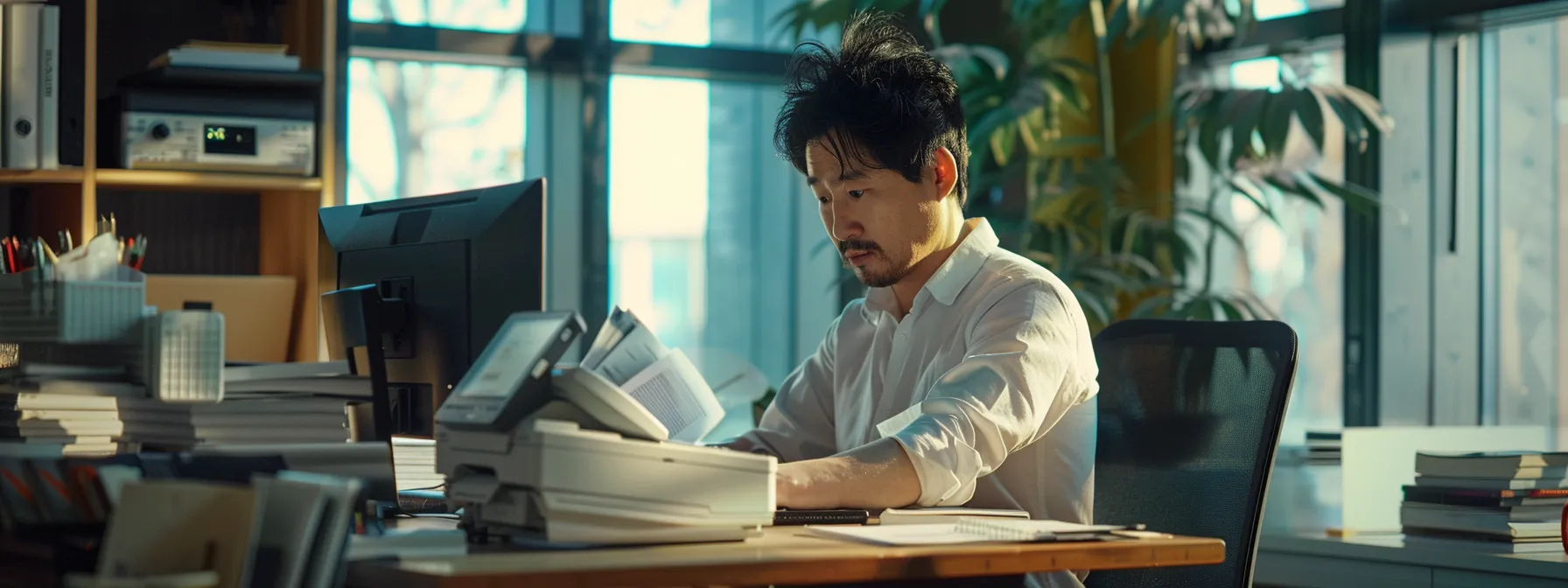 A man at a desk with a computer and papers, focusing on integrating online fax software for better business workflow.